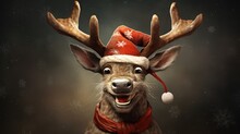 Cheerful And Funny Christmas Reindeer In Red Cap. Generative AI