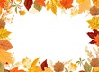 Autumn photo frame on a white background with yellow, orange, and red leaves, perfect for adding text. Generative AI