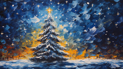 christmas tree decorated with lights on a snowy field painted in oil