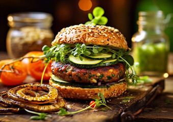 Zucchini vegetarian burger sandwich with vegetables on wooden table.Macro.AI Generative