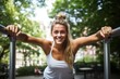 Group portrait photography of an energetic girl in her 20s doing calisthenics exercises on outdoor bars. With generative AI technology