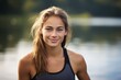 © Markus Schröder - Headshot portrait photography of a handsome girl in her 20s rowing in a lake. With generative AI technology