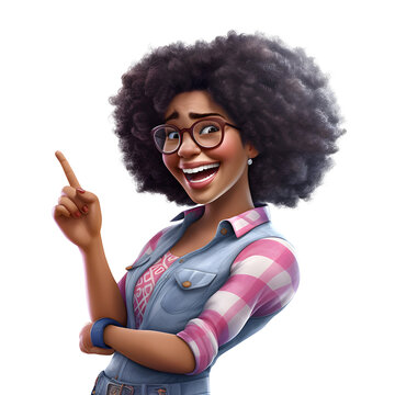 3D cartoon character happy smiling black young woman cheerful posing hands up, isolated on white and transparent background, ai generate