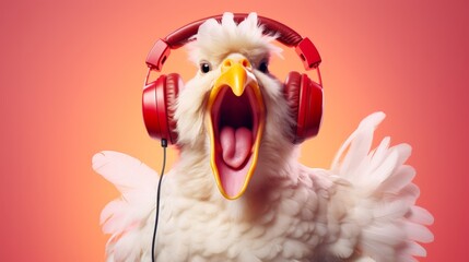 Wall Mural - A chicken listening to music with headphones, enjoying it very much, Generative AI