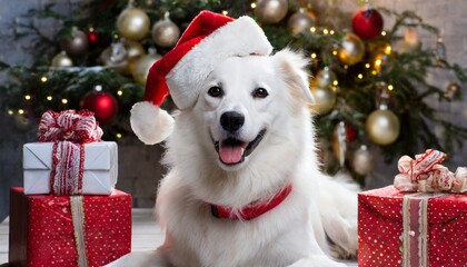 smile dog surrounded by christmas decorations