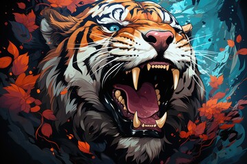 Wall Mural - A painting of a tiger with its mouth open. Imaginary AI picture.