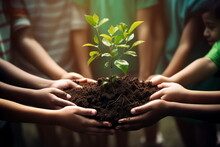 Many Child Hands Hold Planting Tree