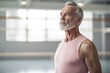 Photography in the style of pensive portraiture of a satisfied mature man practicing ballet in a studio. With generative AI technology