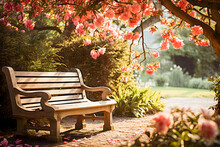 Beautiful Bench Near The House In A Luxurious Garden With Cushions For Sitting, Rest And Relaxation