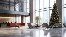3d Rendering Of A Modern Office Lobby With Christmas Tree In The Background. Ai Generative
