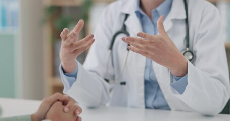 Canvas Print - Hands, medical and a doctor talking to a patient closeup in the hospital for consulting or diagnosis. Healthcare, trust or feedback appointment with a medicine professional and client in conversation