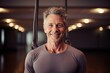 Headshot portrait photography of an active mature man doing aerial yoga in a studio. With generative AI technology