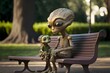 Alien with a little baby alien on a bench in the park colour picture full body shot ultra detailed photorealistic 
