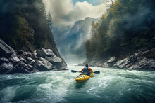 Whitewater Kayaking, Extreme Kayaking. A Guy In A Kayak Sails On A Mountain River.