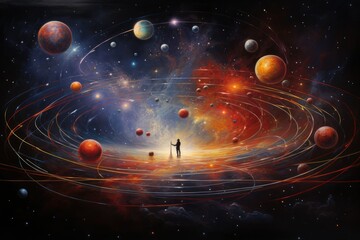 Wall Mural - banner illustration space abstraction with sky, planets and stars. man watches the planets
