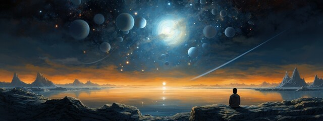 Wall Mural - banner illustration space abstraction with sky, planets and stars. man watches the planets