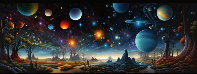 Wall Mural - banner illustration space abstraction with sky, planets and stars