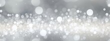 Seamless Abstract White Bokeh Blur Background Texture Overlay. Dreamy Soft Focus Wallpaper Backdrop. Light Silver Grey Diffuse Glowing Floating Holiday Circle Dots Pattern