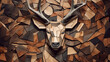 Wood deer. Animal faces made of wood. Wild, brutal nature.