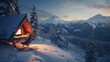 Cozy illuminated desk in a snowy mountain landscape. The digital nomad lifestyle.
