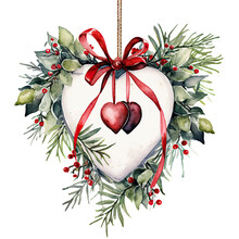 Watercolor Christmas Heart Shaped Wreath Isolated Clipart