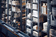 Storage of boxes inside an automated industrial warehouse, stock of merchandise on shelves and racks, logistics managed by robots, machine learning and artificial intelligence