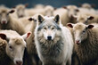 © mozZz - A wolf hiding among a flock of sheep, leading the way or waiting for the right moment to act - Concept of identity and difference, of being unique among others, or metaphor for hidden risk and danger