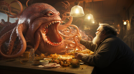 Old fat man with a beard sitting at the table and eating octopus in a restaurant. Horror movie concept.