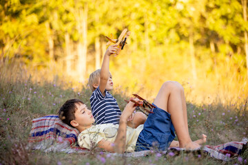 Canvas Print - Sweet children, boys, playing in the park on sunset, autumn