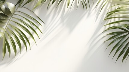 Poster - Nature concept with 3D rendered beautiful tropical palm leaves casting shadows on a white wall Background empty backdrop natural summer beach with sunlight eco friendly tropicana vibes outdoor