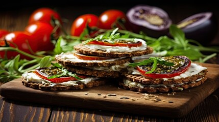 Aufkleber - Veggie crispbread sandwiches with garlic cream cheese roasted eggplant arugula and cherry tomatoes on a rustic background