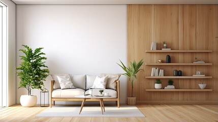 Poster - Modern stylish Scandinavian living room with design furniture plants wooden desk and abstract painting on white wall in a nice apartment