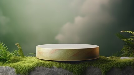 Aufkleber - Organic cosmetic products presented on a stone podium with green moss backdrop