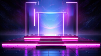 Aufkleber - Virtual reality environment featuring a neon lit rectangular tunnel with a UV abstract background laser show and fashion catwalk stage with floor reflections