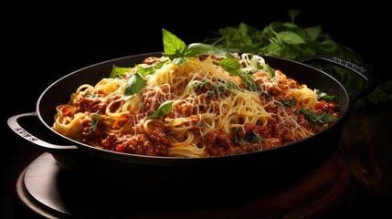 Poster - Traditional Italian spaghetti bolognese with rich sauce cooked on cast iron pan topped with Parmesan cheese and basil
