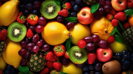 Wall Mural - top view of fresh exotic fruit assortment