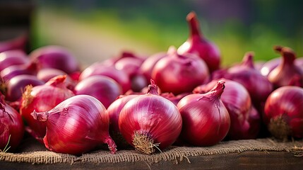 Poster - Selective focus image of fresh red onions for sale at an outdoor market in Bucharest Romania