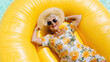 © Happy Stock - Top view of elderly old senior woman in summer dress on vacation with sunglasses relaxing on yellow inflatable ring mattress in pool on her vacation, creative ad, Canva