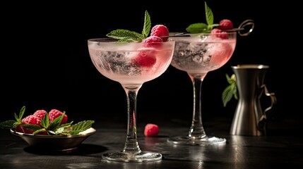 Poster - Two gin sorbet cocktails on a silver table Refreshing alcoholic drinks Focused on glasses