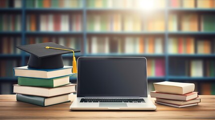 Online education concept with blank white laptop screen and stack of books on wooden table against green chalkboard background 3D rendering mock up