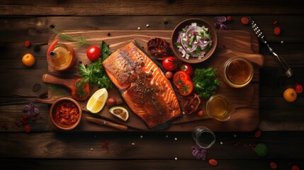 Aufkleber - Top down view of wooden table with grilled salmon salad and condiments