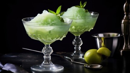 Poster - Two gin sorbet cocktails on a silver table Refreshing alcoholic drinks Focused on glasses