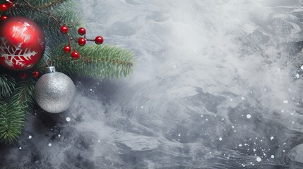 Aufkleber - Snow covered branch of Christmas tree with bauble decoration on stone background Xmas backdrop for greeting card with text space
