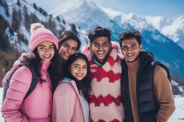 Young friends group enjoying vacation at cold mountain