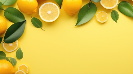 Fototapete - Minimal concept summer composition with citrus fruit and green leaves on a pastel yellow background Flat lay top view copy space