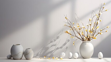 Modern minimalist Easter home decor with blooming pussy willow branches and hanging eggs in a ceramic vase on a white console with sunlight casting shadows on a gray wall