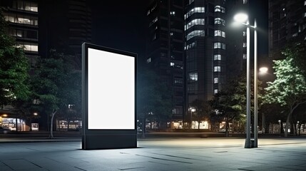 Poster - Nocturnal office building with empty advertising stand 3D visual