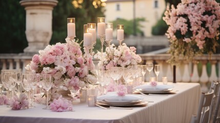 Poster - Pink and white decorations for an elegant wedding dinner in Italy with flowers candles and an intimate outdoor setting