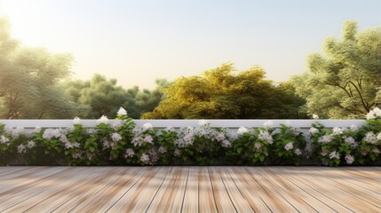 Aufkleber - White garden wall with 3D rendering wooden terrace floor lattice fence and nature backdrop