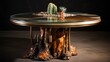 Pricey antique furniture Epoxy resin and varnish coat the table Gold epoxy river on a circular tree slab Concrete pots hold tiny cacti with copper spacing